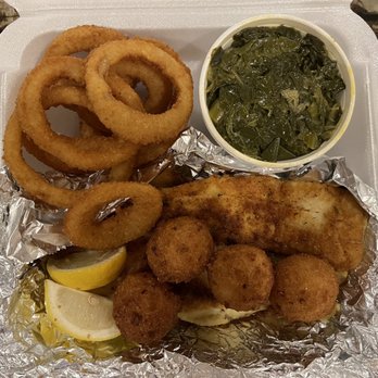 Fish N' Grill - 2 piece Flounder (grilled), onion rings, collard greens and hush puppies. - Seafood Near Me - Fredericksburg, Virginia