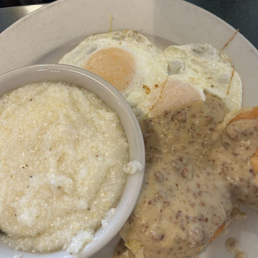 Carver's - Southern Breakfast- 2 eggs, grits and sausage gravy over biscuits - Diners Near Me - Denville, New Jersey Carver's - Southern Breakfast- 2 eggs, grits and sausage gravy over biscuits - Diners Near Me - Denville, New Jersey