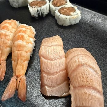 Sushi Gone Wild - Spicy Tuna Tempura Roll (6), shrimp sushi, and seared salmon belly sushi - Sushi Bars Near Me - Torrance, California Sushi Gone Wild - Spicy Tuna Tempura Roll (6), shrimp sushi, and seared salmon belly sushi - Sushi Bars Near Me - Torrance, California