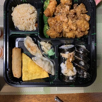 Bento Cafe - Sesame chicken, rock n' roll sushi roll, dumplings, Crab Rangoon and spring roll with fried rice! - Sushi Bars Near Me - Fishers, Indiana