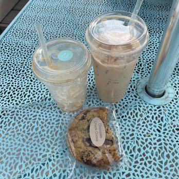 Dean: A Coffee Shop - Dirty chai (left), hazelnut latte (right), chocolate chunk cookie - Coffee & Tea Near Me - Goleta, California