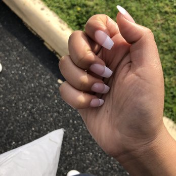 Glossy Nails - Coffin Shaped Acrylic French Nails - Nail Salons Near Me - Springfield, Virginia