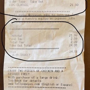 Popeyes Louisiana Kitchen - Popeyes Louisiana Kitchen Receipt.Food tax+Ca tax? - Fast Food Near Me - Newhall, California Popeyes Louisiana Kitchen - Popeyes Louisiana Kitchen Receipt.Food tax+Ca tax? - Fast Food Near Me - Newhall, California