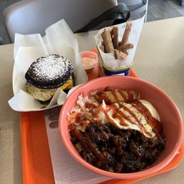 Ube Breakfast Burger, Spam Fries, "Silog" Breakfast Bowl with longanisa