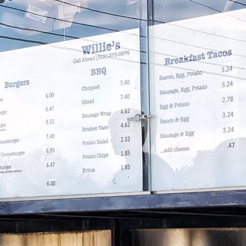 Willie's Catering BBQ and Burgers - Menu and prices as of 01/2020. Burgers... BBQ Sandwiches, wraps and sides... Breakfast tacos for morning service. - Barbeque Near Me - Austin, Texas