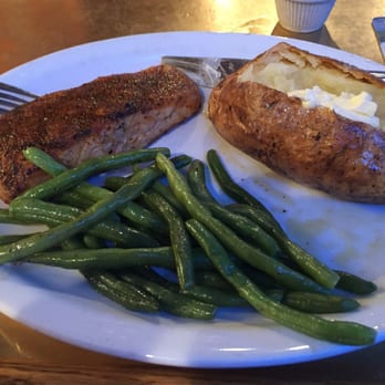 L A Cafe - Blackened salmon, green beans and a baked potato. Love the green beans. - Cafes Near Me - Whitestown, Indiana