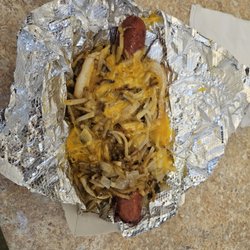 Hot dog Lady and More - Idaho hot dog (topped with hash browns and cheese sauce)