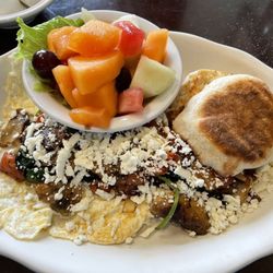 Sweet Lew's Hometown Cafe - Egg White Frittata with feta cheese, spinach, and mushrooms! English muffin on the side. Perfect breakfast!