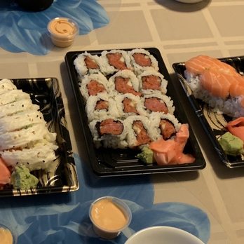 Ami Sushi - 2 spicy salmon, 1 super sized spicy tuna, Alaskan roll, no name roll - Sushi Bars Near Me - Santa Ana, California Ami Sushi - 2 spicy salmon, 1 super sized spicy tuna, Alaskan roll, no name roll - Sushi Bars Near Me - Santa Ana, California
