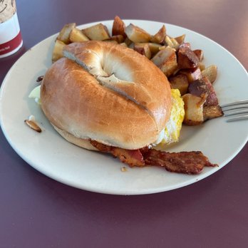 Brooklyn Bagel House - Bacon, egg n' cheese on a plain bagel w/ homefries - Bagels Near Me - Derry, New Hampshire