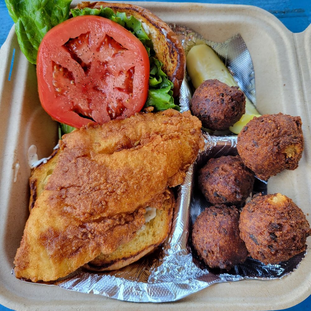 Blackbird Market - Fried grouper sandwich with hush puppies side - Farmers Market Near Me - Johns Island, South Carolina