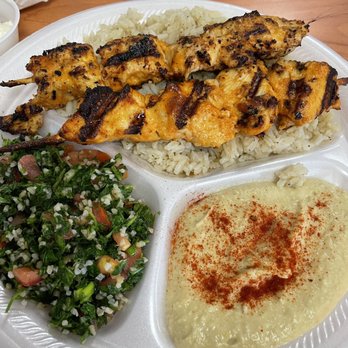 Shawkat's - Chicken Kabob Platter which includes chicken kabobs, rice, hummus, tabouli and pita bread (not pictured). - Bakeries Near Me - Tulsa, Oklahoma Shawkat's - Chicken Kabob Platter which includes chicken kabobs, rice, hummus, tabouli and pita bread (not pictured). - Bakeries Near Me - Tulsa, Oklahoma