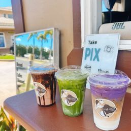 Iced mocha, Iced Matcha, Iced coconut ube latte. Iced mocha, Iced Matcha, Iced coconut ube latte.
