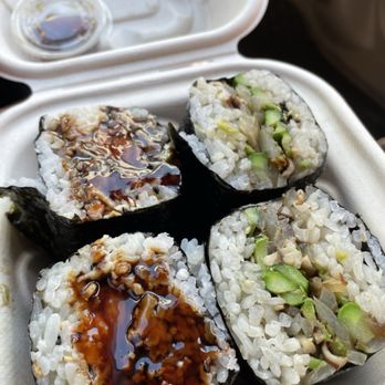 Musubi Square - Miso Salmon on the left, Truffle Grilled Veggie on the right - Asian Fusion Near Me - Anaheim, California Musubi Square - Miso Salmon on the left, Truffle Grilled Veggie on the right - Asian Fusion Near Me - Anaheim, California