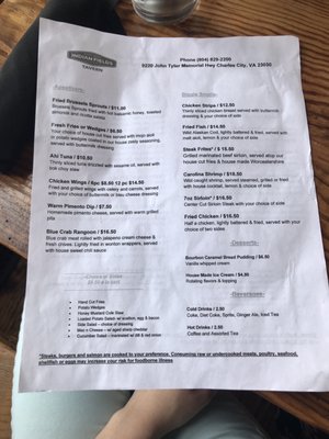 Menu photo 7 Indian Fields Tavern Charles City, VA