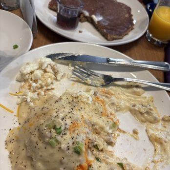 Megg's Cafe - Biscuits and Gravy Browned Butter Pecan Pancake Short Stack - Bakeries Near Me - Temple, Texas