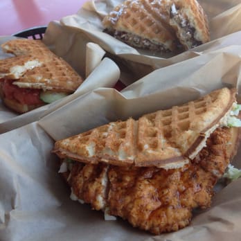 Bruxie - Waffles from back to front: S'mores, Salmon Lox, Fried Chicken - Breakfast & Brunch Near Me - Brea, California Bruxie - Waffles from back to front: S'mores, Salmon Lox, Fried Chicken - Breakfast & Brunch Near Me - Brea, California