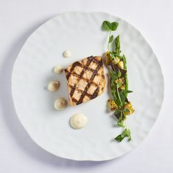 Entree: Grilled Salmon, Asparagus, Corn, Sunchoke Puree