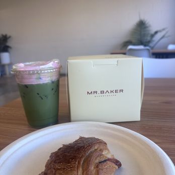 Mr Baker - Ham & cheese croissant (warmed) with a strawberry matcha - Bakeries Near Me - Riverside, California Mr Baker - Ham & cheese croissant (warmed) with a strawberry matcha - Bakeries Near Me - Riverside, California