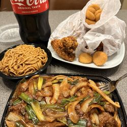 Mongolian Beef w lo mein, 2 orders of wings, fried scallops, Coke.
