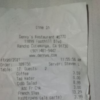 Denny's - Receipt - American Near Me - Rancho Cucamonga, California