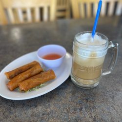 Pho Yeah! - Fried Egg Rolls and Coffee with cream