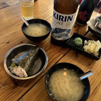 Ezze Sushi - California hand roll w/miso and cold Kirin - Sushi Bars Near Me - Glendora, California Ezze Sushi - California hand roll w/miso and cold Kirin - Sushi Bars Near Me - Glendora, California