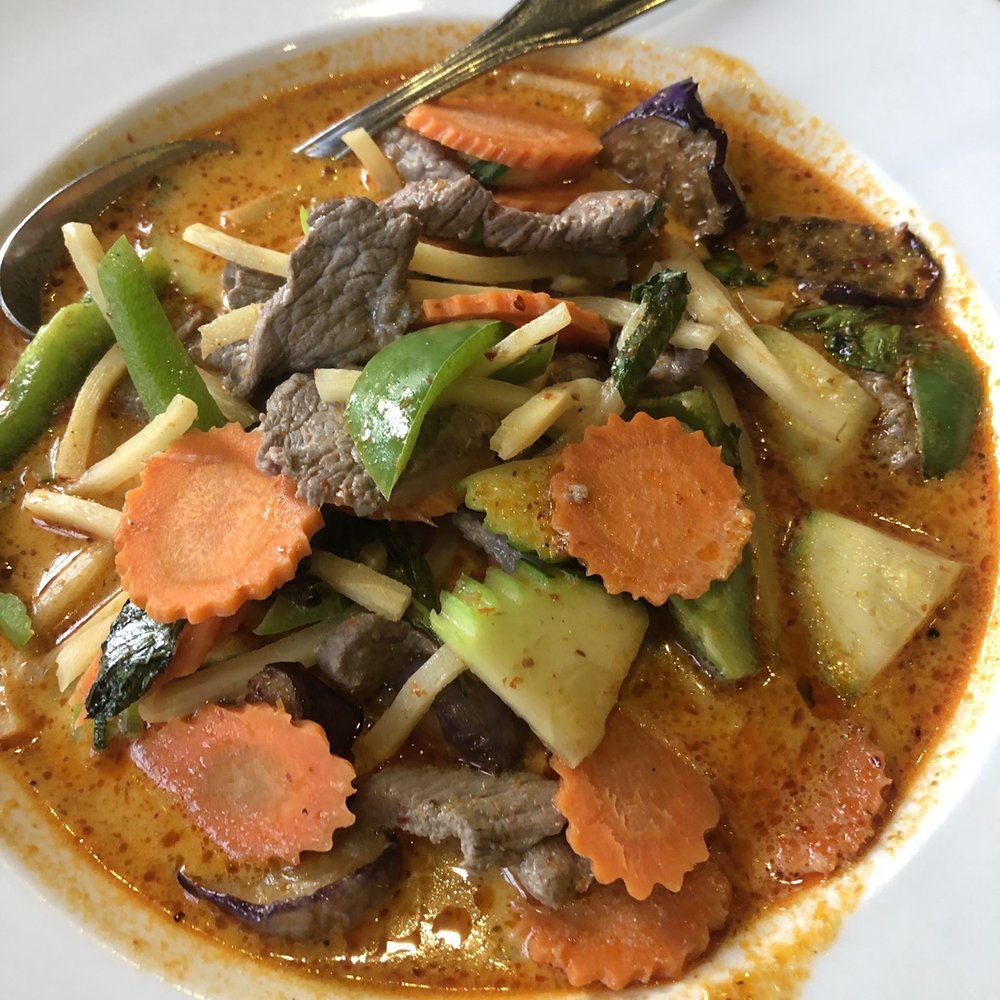Thai Siam - Red curry with beef. Also came with a side of rice. Excellent! Medium spicy was perfectly medium spiced. - Thai Near Me - Starkville, Mississippi Thai Siam - Red curry with beef. Also came with a side of rice. Excellent! Medium spicy was perfectly medium spiced. - Thai Near Me - Starkville, Mississippi