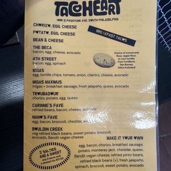 Taco Heart - Front of menu - Breakfast & Brunch Near Me - Philadelphia, Pennsylvania Taco Heart - Front of menu - Breakfast & Brunch Near Me - Philadelphia, Pennsylvania