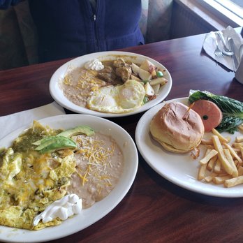 The Best Breakfast Cafe - Chilaquiles verdes and chile verde and 2 eggs , kids chz burger - American Near Me - Oxnard, California