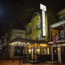 American Hotel - Front three-quarter view of American Hotel in downtown Freehold.