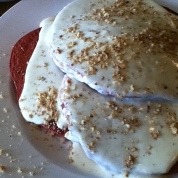 The Bongo Room - red velvet chocolatey cocoa hotcakes topped with warm vanilla créme & toasted walnuts - New American Near Me - Chicago, Illinois The Bongo Room - red velvet chocolatey cocoa hotcakes topped with warm vanilla créme & toasted walnuts - New American Near Me - Chicago, Illinois