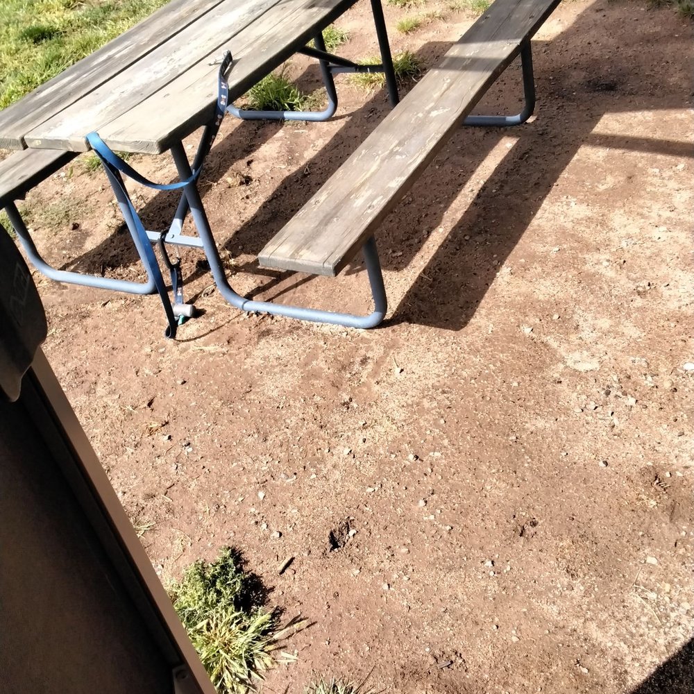 Unless you rent one of the few PREMIUM sites (with concrete pad for patio area), this is what you get for your patio lounge area. Unless you rent one of the few PREMIUM sites (with concrete pad for patio area), this is what you get for your patio lounge area.