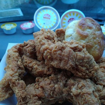 Exit 43 Quick Stop - Krispy Chicken Tenders. Sides; a biscuit - Mac -n- cheese & jambalaya w/ dipping sauces in the background. - Gas Stations Near Me - Richmond, Maine