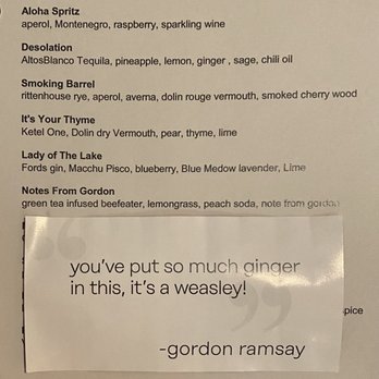 Gordon Ramsay Hell's Kitchen - Specialty drinks - tried Note from Gordon - Steakhouses Near Me - Stateline, Nevada