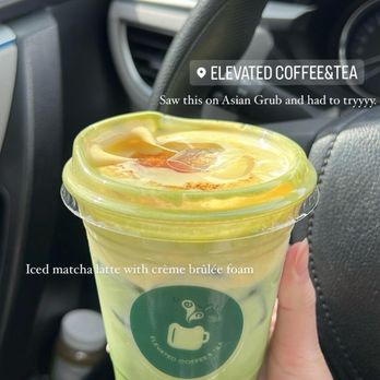Elevated Coffee & Tea - Iced Matcha Latte with crème brûlée foam topping - Coffee & Tea Near Me - Richardson, Texas Elevated Coffee & Tea - Iced Matcha Latte with crème brûlée foam topping - Coffee & Tea Near Me - Richardson, Texas
