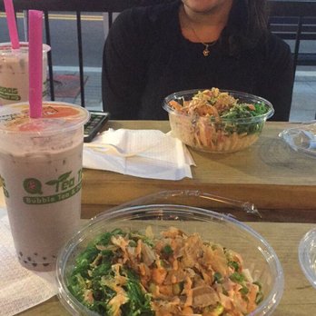 Q Tea Tapas - My friend Priya and I enjoying our poke bowls in Q Tea's outdoor seating - Bubble Tea Near Me - Fort Lee, New Jersey Q Tea Tapas - My friend Priya and I enjoying our poke bowls in Q Tea's outdoor seating - Bubble Tea Near Me - Fort Lee, New Jersey
