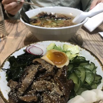 Momonoki - Tonkutsu ramen in back, avocado shitake salad in front - Cafes Near Me - Atlanta, Georgia