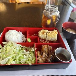 Moon's Kitchen - Lunch 2 item Bento box (Chicken breast teriyaki & crunchy California Roll) comes with chicken salad, rice, and soup.