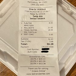 Las Trancas Mexican Restaurant - This was our bill. BEFORE we left a tip that the waitress manipulated after we left to more than double the tip we left her.