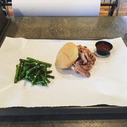 Stuey's Smokehouse BBQ - Lunch Special with a side of garlic string beans and BBQ sauce