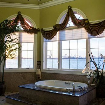 Glamour Decorating - Custom made Arch window swags with bronze medallions and Shangri-La shade in Bayonne, NJ 07002 - Shades & Blinds Near Me - Short Hills, New Jersey Glamour Decorating - Custom made Arch window swags with bronze medallions and Shangri-La shade in Bayonne, NJ 07002 - Shades & Blinds Near Me - Short Hills, New Jersey
