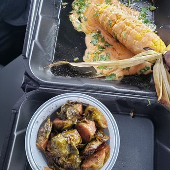Houston Sauce Pit - Elote Corn and Brussel Sprouts - Vegan Near Me - Houston, Texas Houston Sauce Pit - Elote Corn and Brussel Sprouts - Vegan Near Me - Houston, Texas
