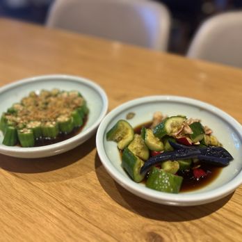 JA Jiaozi - 23) Okra in Seasoned Dressing 22) Pickled Radish and Cucumber Salad - Dim Sum Near Me - Irvine, California