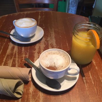 Pickle Jar Kitchen - Two lattes (one with almond milk) and a fresh OJ - New American Near Me - Falmouth, Massachusetts Pickle Jar Kitchen - Two lattes (one with almond milk) and a fresh OJ - New American Near Me - Falmouth, Massachusetts