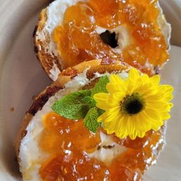 Apricot Jam and Plain cream cheese bagel drizzled with honey. On a Jalapeno cheddar bagel Apricot Jam and Plain cream cheese bagel drizzled with honey. On a Jalapeno cheddar bagel