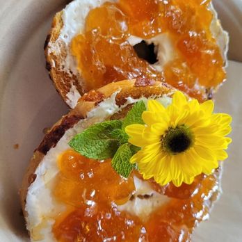 Salt - Apricot Jam and Plain cream cheese bagel drizzled with honey. On a Jalapeno cheddar bagel - Breakfast & Brunch Near Me - Lincoln City, Oregon Salt - Apricot Jam and Plain cream cheese bagel drizzled with honey. On a Jalapeno cheddar bagel - Breakfast & Brunch Near Me - Lincoln City, Oregon