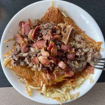 Waffle House - Cheesesteak Melt Hashbrown Bowl with added bacon - Diners Near Me - Greenfield, Indiana Waffle House - Cheesesteak Melt Hashbrown Bowl with added bacon - Diners Near Me - Greenfield, Indiana