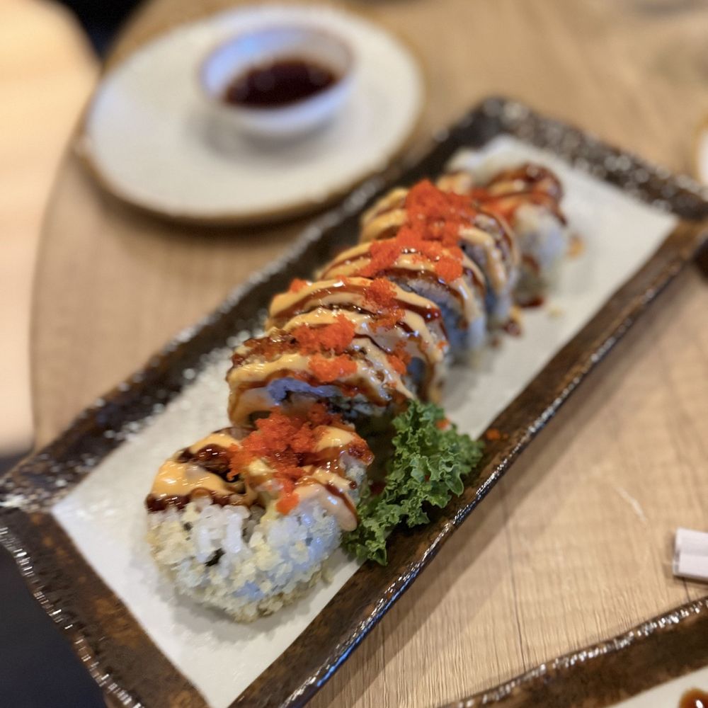 Silver Sea Sushi - SOFT SHELL CRAB ROLL- Cucumber, avocado, tempura crunch, spicy mayo, kabayaki sauce, masago - Sushi Bars Near Me - Flower Mound, Texas Silver Sea Sushi - SOFT SHELL CRAB ROLL- Cucumber, avocado, tempura crunch, spicy mayo, kabayaki sauce, masago - Sushi Bars Near Me - Flower Mound, Texas