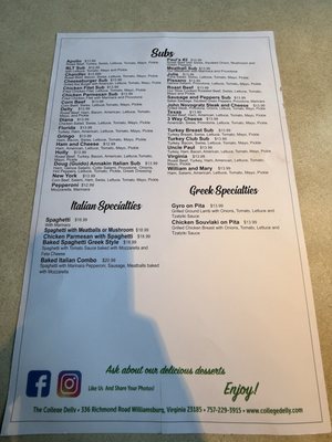 Menu photo 1 College Delly Williamsburg, VA
